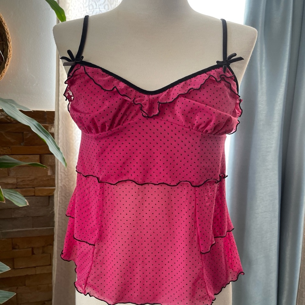Jezebel Pink and Black Polka Dot Y2K ruffle Camisole